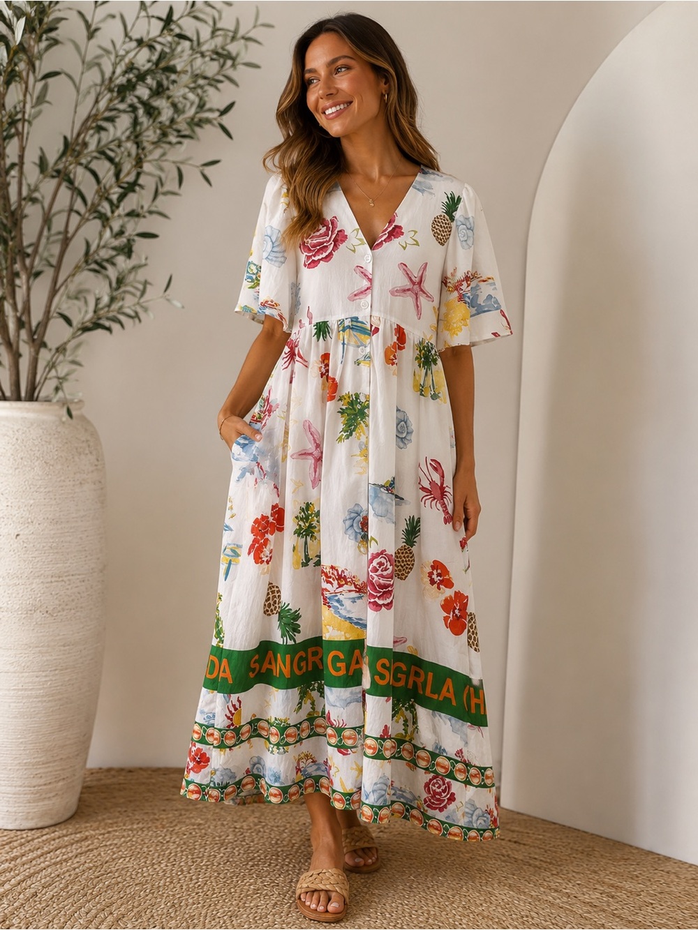 New In Shangri La Gardens Maxi Dress Womens Small White Floral Coastal New